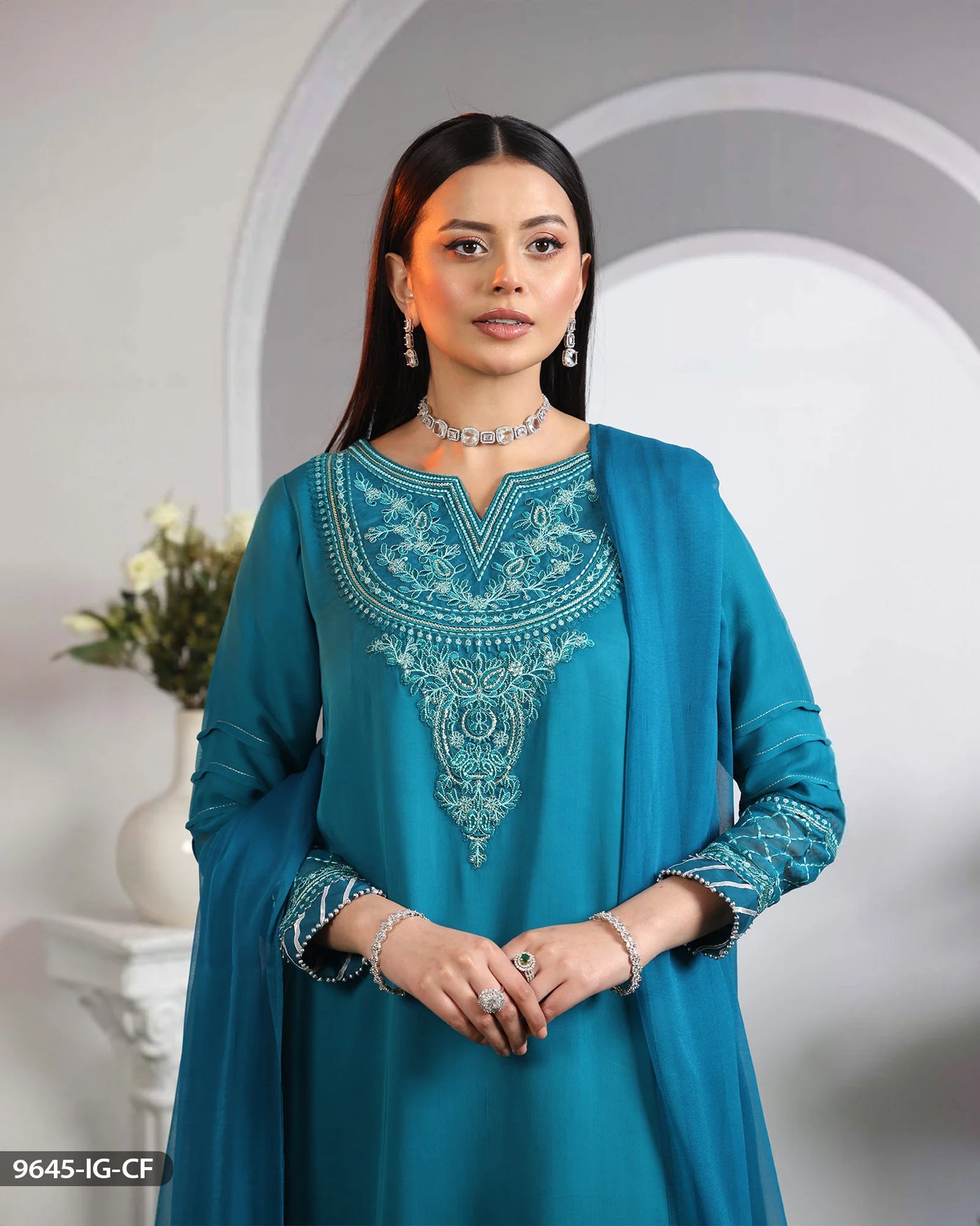 Embroidered Chiffon Suit | 9645-IG-CF